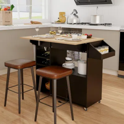 Hivvago Drop Leaf Mobile Kitchen Island Cart With Power Outlet And Adjustable Shelf-black And Natural