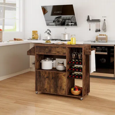 Hivvago Drop Leaf Mobile Kitchen Island Cart With Power Outlet And Adjustable Shelf-rustic Brown