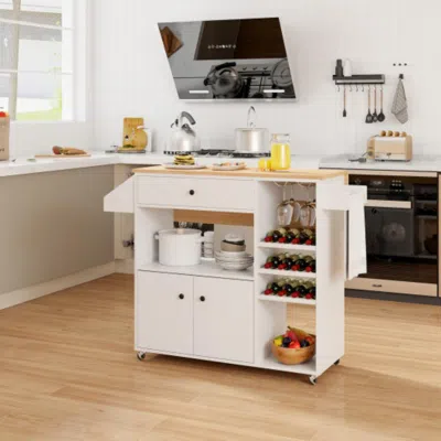 Hivvago Drop Leaf Mobile Kitchen Island Cart With Power Outlet And Adjustable Shelf-white