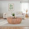 Hivvago Drum Shape Wooden Coffee Table With Plank Design Base, Distressed Brown In Brown