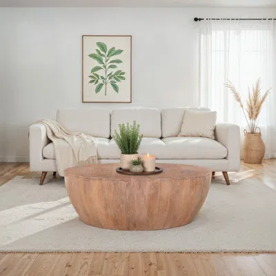 Hivvago Drum Shape Wooden Coffee Table With Plank Design Base, Distressed Brown