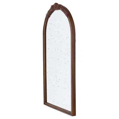 Hivvago Eel 42 Inch Wall Mirror, Brown Arched Wood Frame, Hand Carved Rose Accent