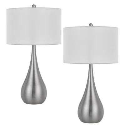 Hivvago Ege Table Lamp Set Of 2, Teardrop Brushed Steel Base, White Shade