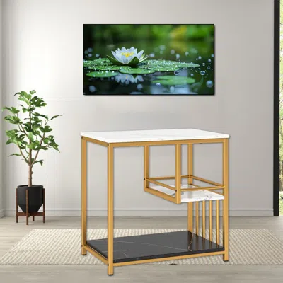 Hivvago Elegant 3-tier Side Table Featuring Marble Design And Open Storage Shelf In Brown