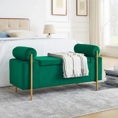 Hivvago Elegant Upholstered Linen Storage Bench With Cylindrical Arms And Iron Legs - Green