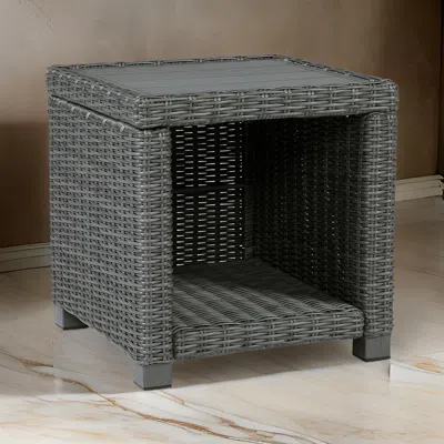 Hivvago Ellie 23 Inch Outdoor End Table, Lower Shelf, Gray Resin Wicker, Metal