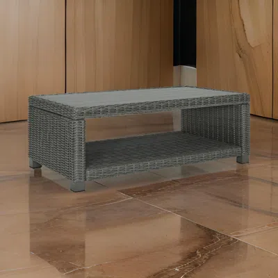 Hivvago Ellie 50 Inch Outdoor Coffee Table, Lower Shelf, Gray Resin Wicker, Metal