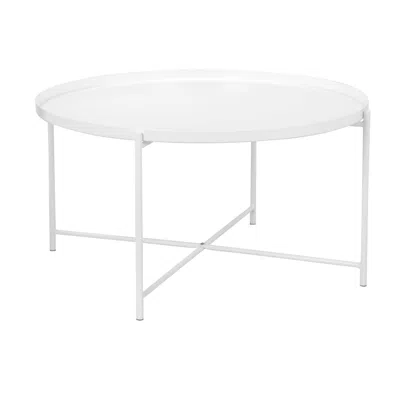 Hivvago Ely 33 Inch Coffee Table, Round Top With Cross Base, White Metal Finish