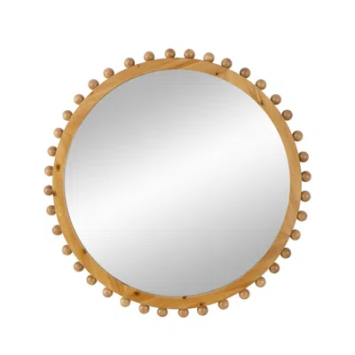 Hivvago Emu 34 Inch Round Wall Mirror With Beaded Natural Brown Fir Wood Frame
