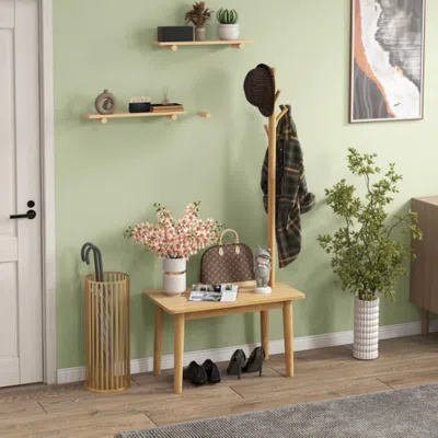 Hivvago End Table With Coat Rack Solid Wood Coat Tree With 2-in-1 Side Table-natural In Neutral