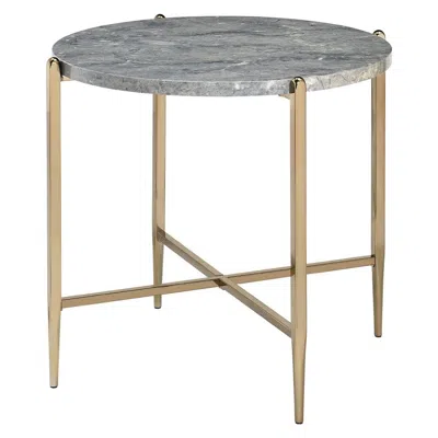Hivvago End Table With Oval Marble Top And X Shaped Support, Gray And Gold