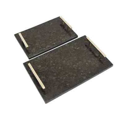 Hivvago Entro Tray Set Of 2, Rectangular Shape, 2 Gold Handles, Black Finish Marble