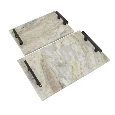 Hivvago Entro Tray Set Of 2, Rectangular Shape, 2 Gold Handles, White Finish Marble In Neutral