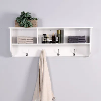 Hivvago Entryway Wall Mounted Coat Rack With 4 Dual Hooks Wooden Shelf- White