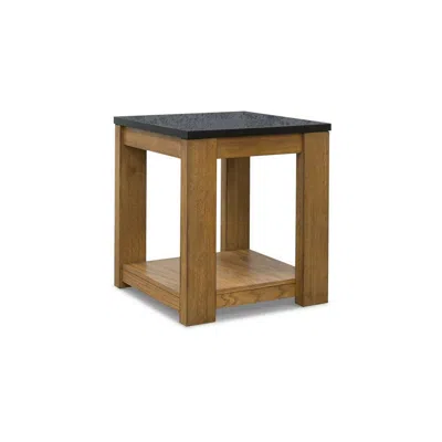 Hivvago Enty Side End Table, Classic Faux Stone Top, 22 Inch Light Brown Wood