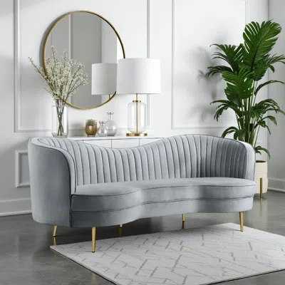 Hivvago Enzo 84 Inch Modern Sofa, Curved Kidney Shape, Channel Tufted, Gray, Gold
