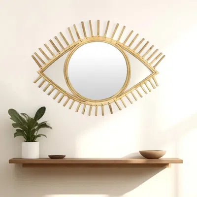 Hivvago Eric Round Mirror Wall Decor, Eye Shaped Brown Natural Fiber 34 Inch In Gold