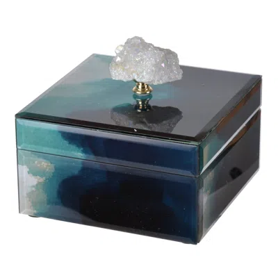 Hivvago Eve 6 Inch Decorative Accessory Box, Elegant Stone With Finial Accent, Blue