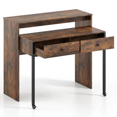 Hivvago Extendable Computer Desk With 2 Storage Drawers Convertible Home Office Rolling Study Writing Desk