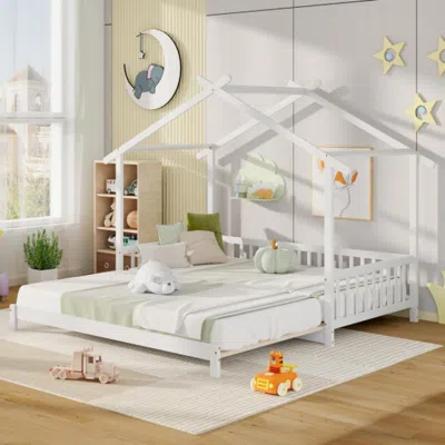 Hivvago Extendable House Bed Twin To King Daybed With Roof And Fence Rails-white