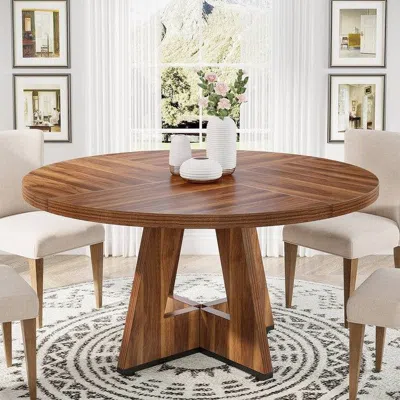 Hivvago Farmhouse 47-inch Round Kitchen Dining Table In Vintage Brown Wood Finish