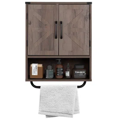 Hivvago Farmhouse Bathroom Wall Cabinet With Towel Bar In Taupe Grey Brown Wood Finish