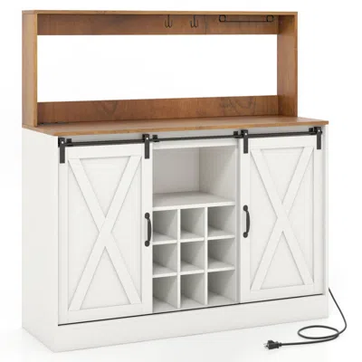 Hivvago Farmhouse Coffee Bar Cabinet With Charging Station And Sliding Barn Doors-white