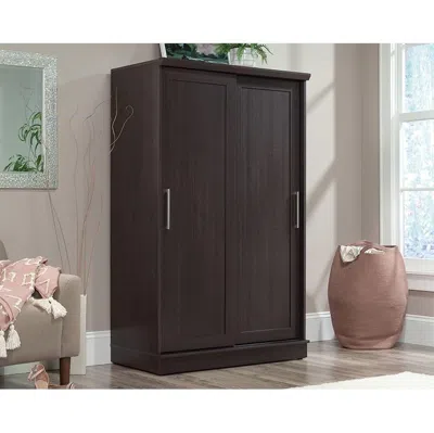 Hivvago Farmhouse Espresso Oak Sliding Doors Garment Rod Wardrobe Armoire In Black