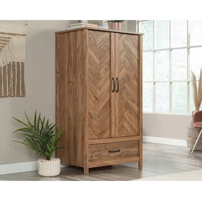 Hivvago Farmhouse Rustic Herringbone 1 Drawer Garment Rod Wardrobe Armoire In Brown