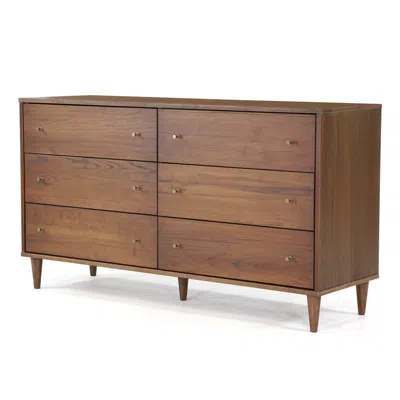 Hivvago Farmhouse Rustic Walnut Mid Century 6 Drawer Dresser