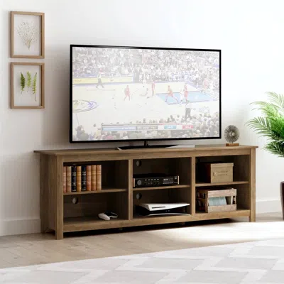 Hivvago Farmhouse Style Tv Stand With 6 Storage Compartments In Brown Oak Wood Finish