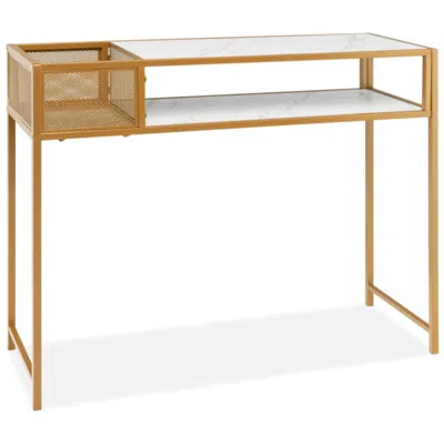 Hivvago Faux Marble Console Table With Wire Baske For Hallway And Living Room-white