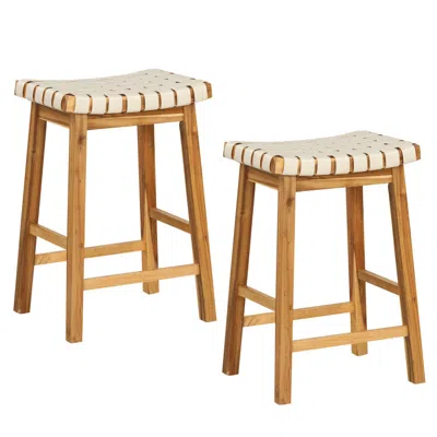 Hivvago Faux Pu Leather Bar Stools Set Of 2 With Woven Curved Seat Naturales