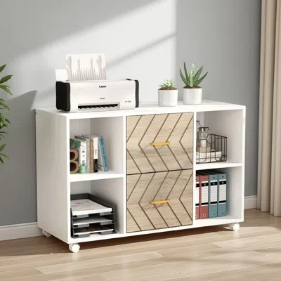 Hivvago File Cabinet, 4 Storage Shelves, 2 Brown Drawers, Wheel Base 39 Inch In White