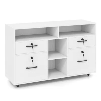 Hivvago File Cabinet With Lock Mobile Lateral Filing Storage Organizer Modern Rolling Printer Stand In White