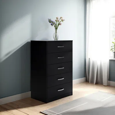 Hivvago Finny Tall Dresser Chest, 5 Drawer, Matte Black, Silver Metal, 46 Inch