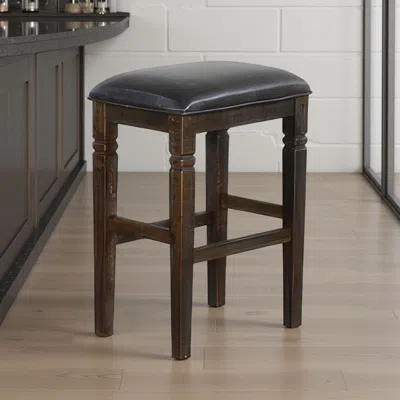 Hivvago Flint Barstool, Backless, Plush Black Vinyl Seat, Dark Brown Mahogany