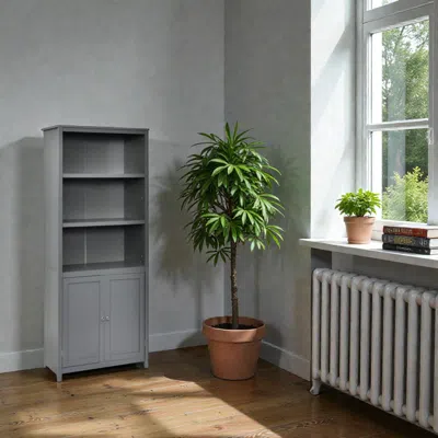 Hivvago Floor Standing Display Shelf Unit With 3 Open Tiers And Dual Door Storage In Gray