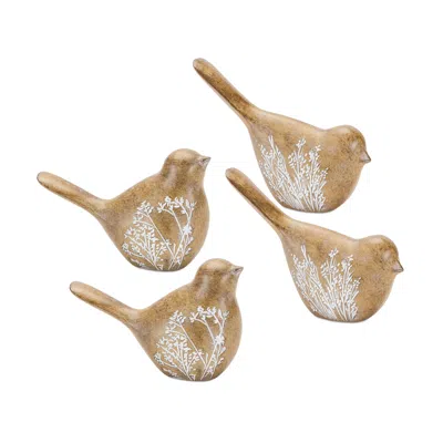 Hivvago Floral Etched Bird Figurine With Wood Grain Design (set Of 4) In Brown