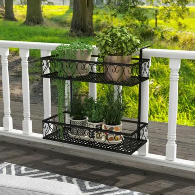 Hivvago Flower Pot Holder With Adjustable Hooks And 2 Planter Baskets In Black