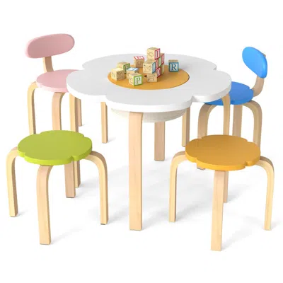 Hivvago Flower-shaped Children Table Set Wooden Play And Activity Table With 2 Colorful Chairs And Stools