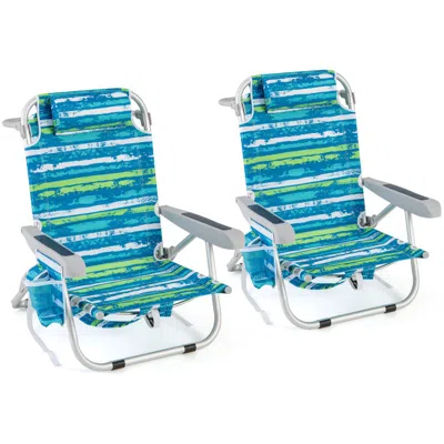 Hivvago Foldable Backpack Beach Chair With Cup Holder And Storage Pockets For Outdoor-blue And Green In Multi