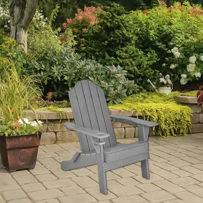 Hivvago Folding All-weather Patio Chair With Integrated Cup Holder In Gray