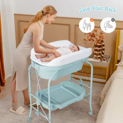 Hivvago Folding Baby Changing Table With Bathtub And 4 Universal Wheels-blue