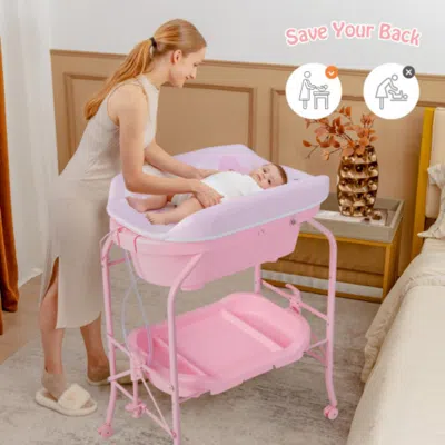 Hivvago Folding Baby Changing Table With Bathtub And 4 Universal Wheels-pink