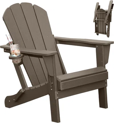Hivvago Folding Hdpe Adirondack Chair With Cup Holder In Brown