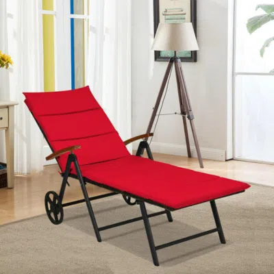 Hivvago Folding Patio Rattan Lounge Chair With Wheels-red