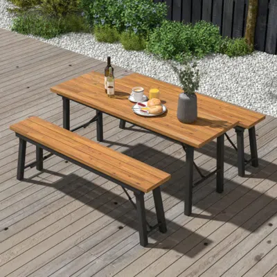 Hivvago Folding Picnic Table Acacia Wood Dining Table With Metal Frame For Indoor Outdoor Activities