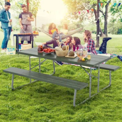 Hivvago Folding Picnic Table Set With Metal Frame And All-weather Hdpe Tabletop Umbrella Hole-gray In Green