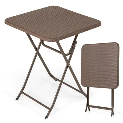 Hivvago Folding Picnic Table With Rattan Grain Hdpe Tabletop And Sturdy Metal Fame-coffee